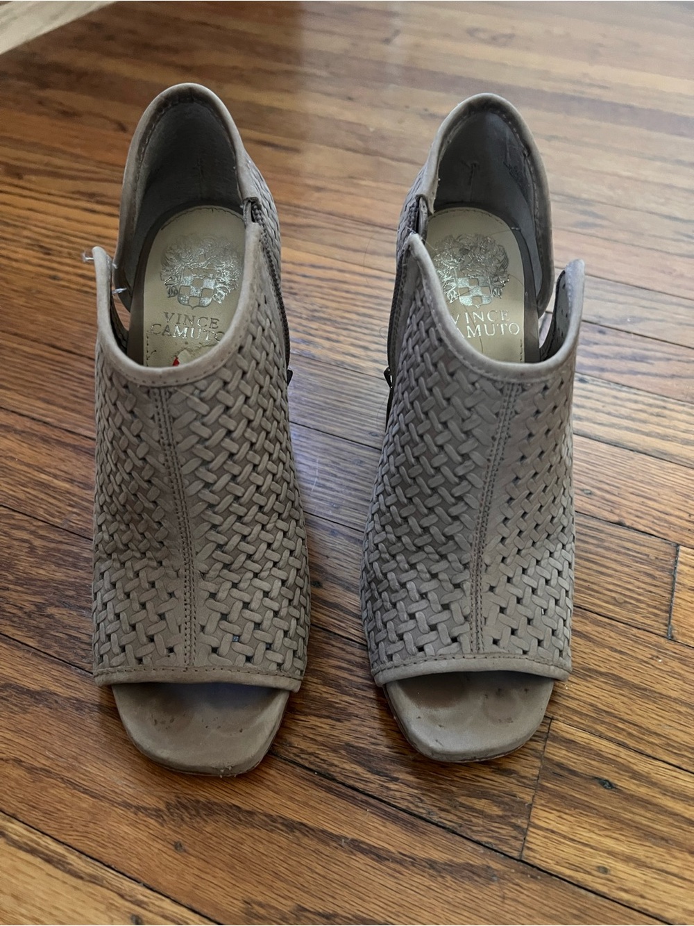 Vince Camuto Taupe Woven Peep-Toe Mules